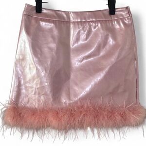 Y2K Nasty Gal Vinyl Shiny Pink Mini Skirt with Feather Hem